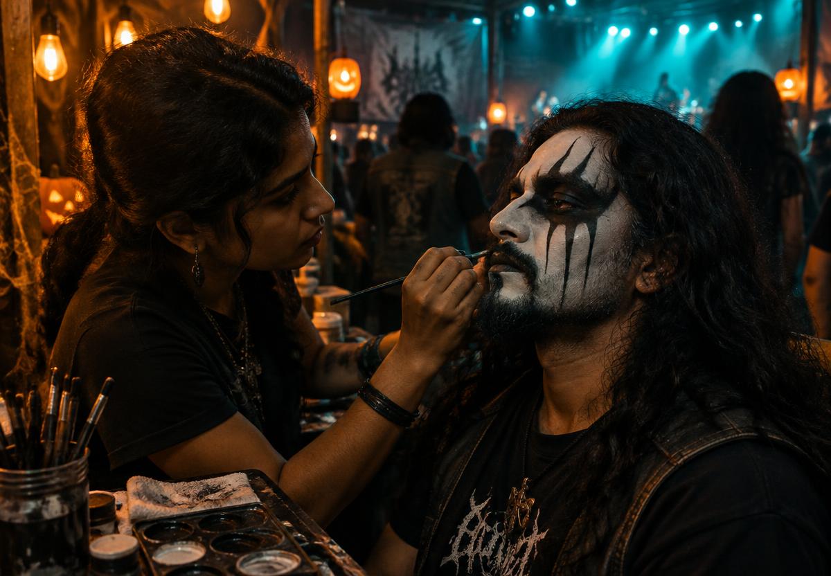 An artist applying Halloween face paint to a metal fan